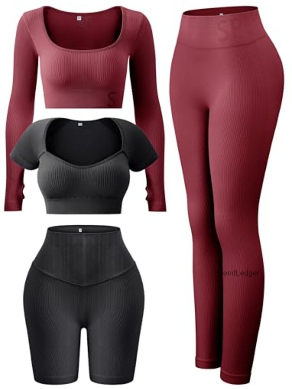 Women's 4 Piece Workout Outfit Set Ribbed Seamless Crop Tops High Waist